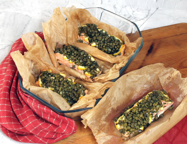 Baked Salmon en Papilotte with Fresh Herbs and Capers